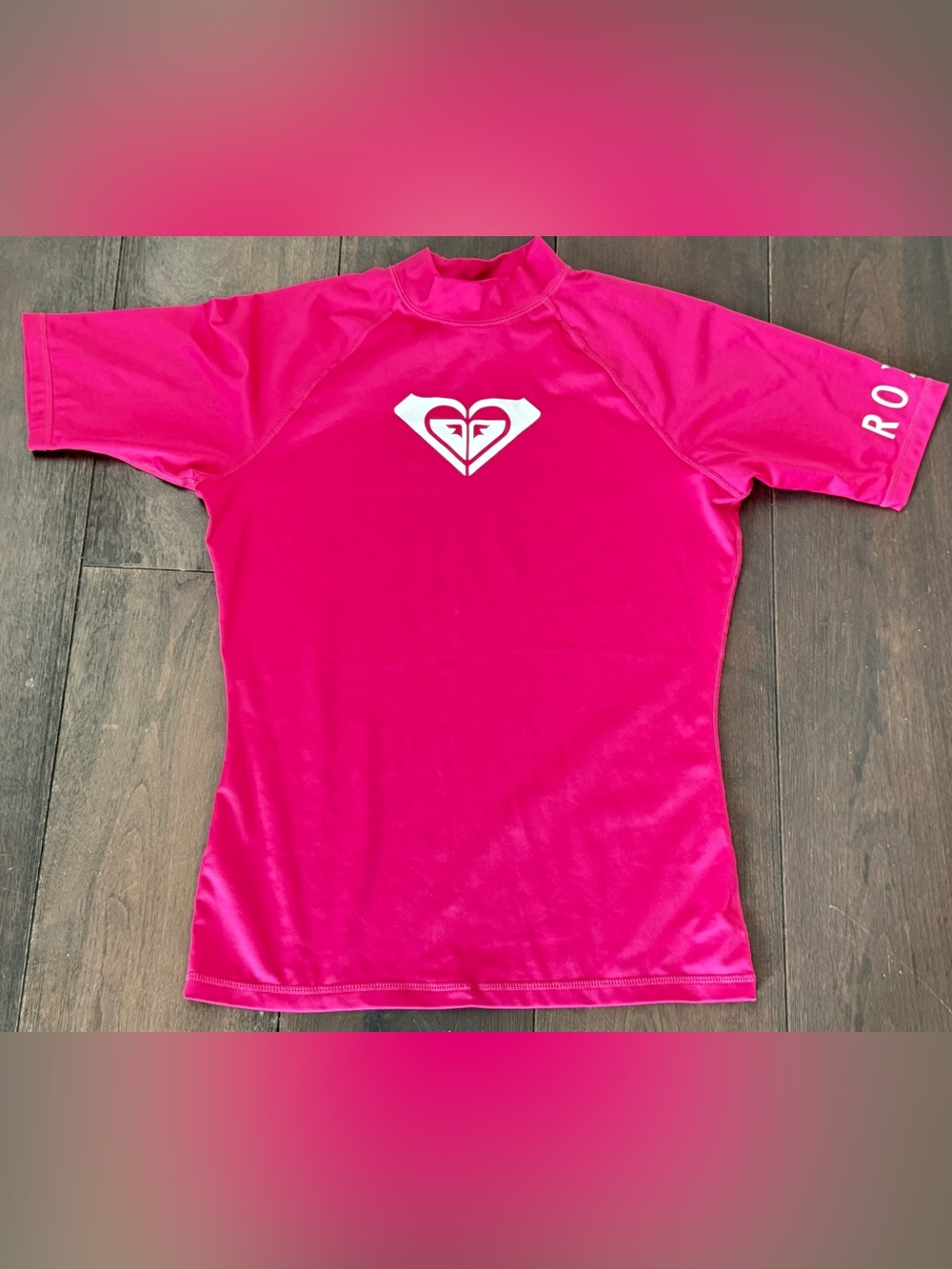 Roxy Hot Pink Short-Sleeve Rash Guard with White Heart Logo
